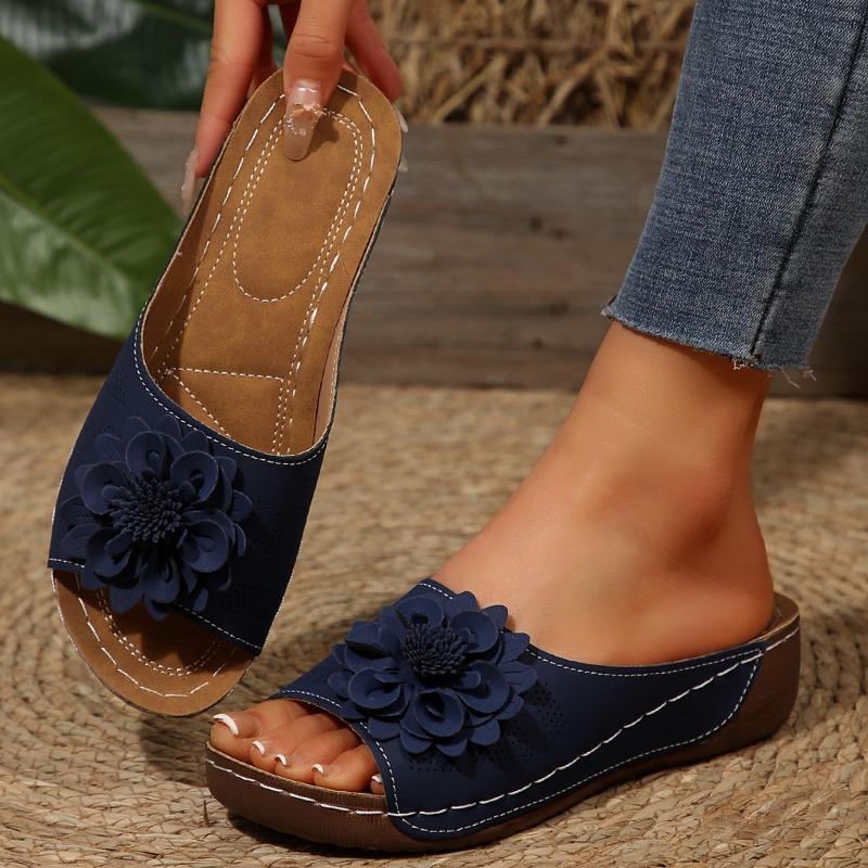 Women's Floral One Band Wedge Slide Slippers, Open Toe Plus Size Lightweight Casual Outdoor Beach Daily Footwear