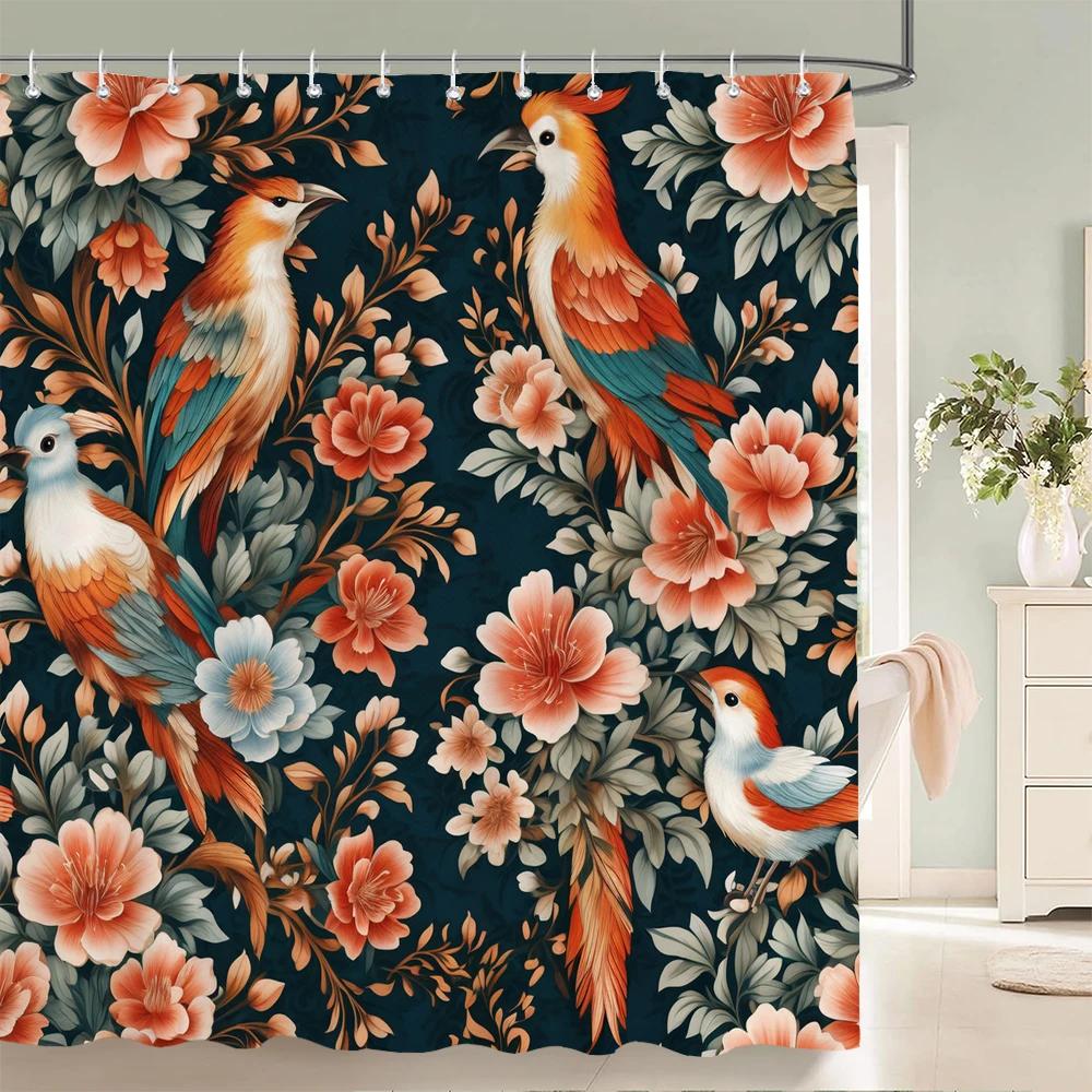 1Pc Watercolor Floral And-Bird Printed Shower Curtain With Hooks - Design Chic Leaves Flowers Bathroom Curtain Home Decoration