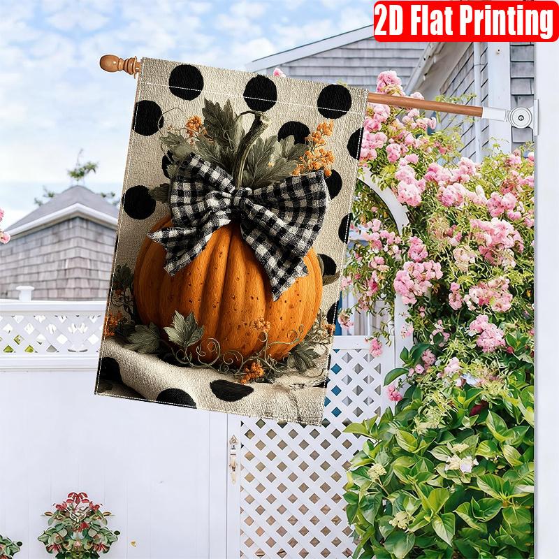 2D Flat - 2D Printing, 1pc Hello Fall, Polka Dot Pumpkin Print 4 (2) 2D Printed Double-Sided Garden Flag, Solely Flag Surface Flagpole Not Included