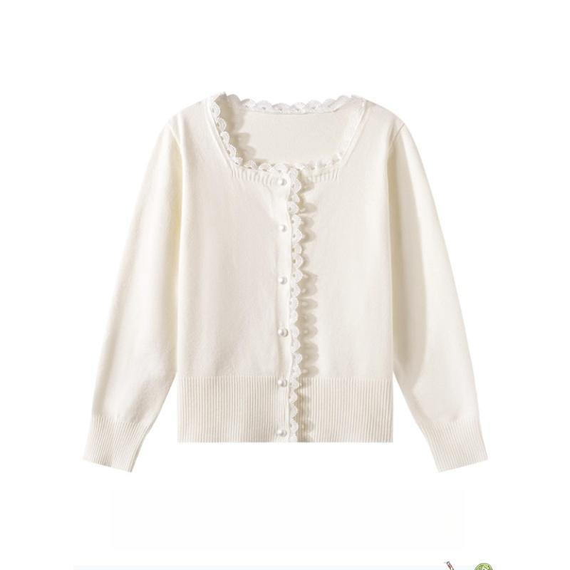 Lace-trimmed Square-neck Long-sleeved Knitted Cardigan for Women's Autumn and Winter, A New Slimming and Form-fitting Sweater