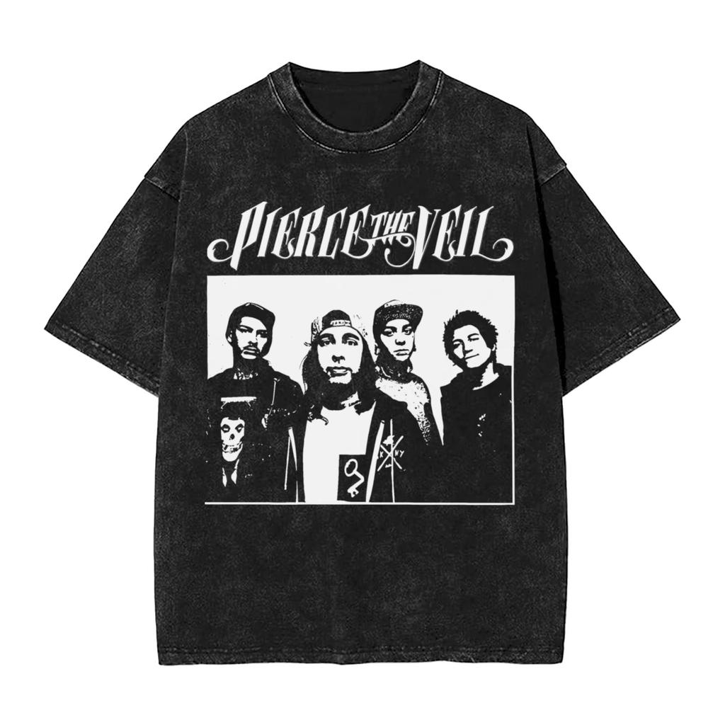 Camiseta Lavada de la Banda de Rock Pierce The Veil Streetwear Camiseta Novedosa Camisetas para Hombres Mujeres Manga Corta High Street