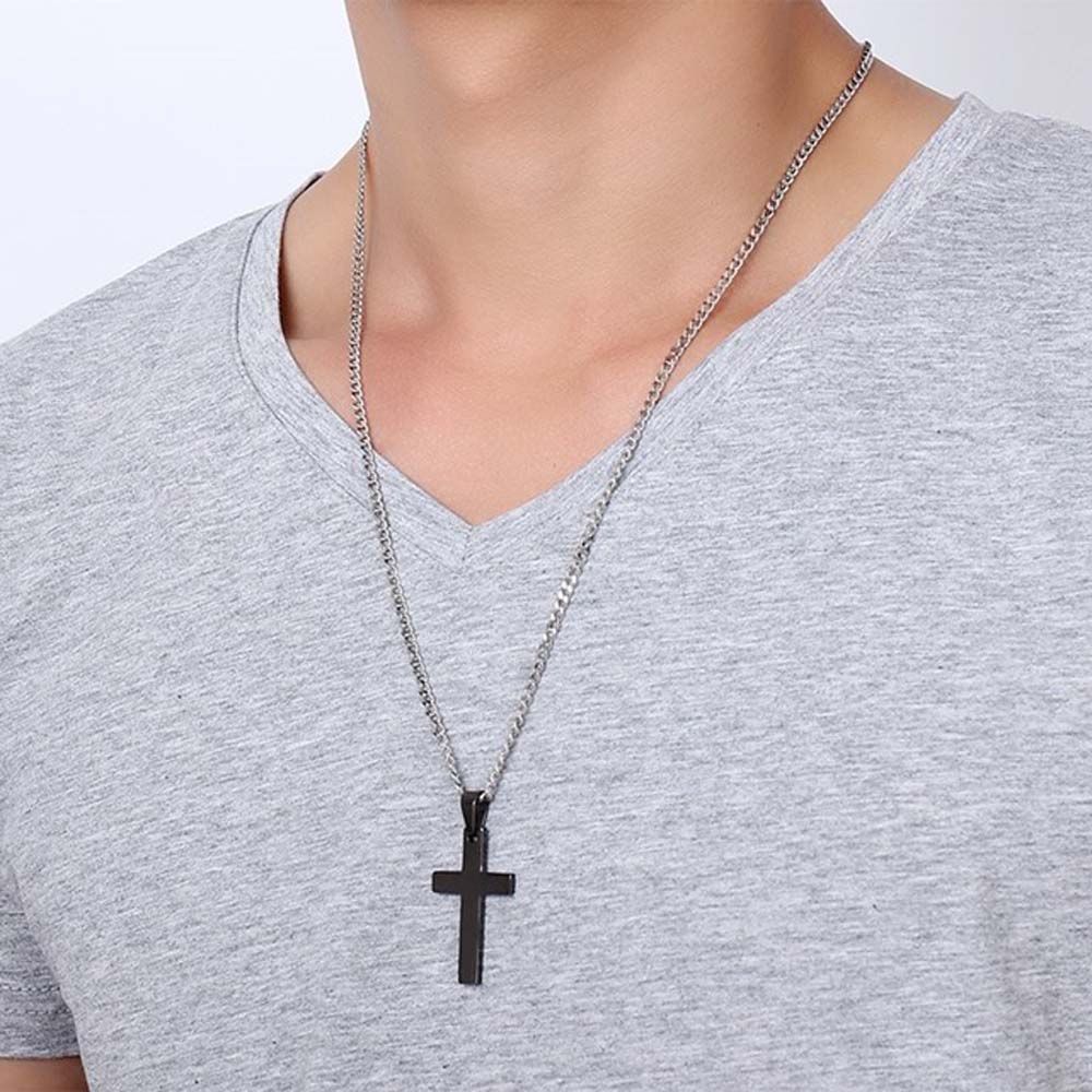 Men Steel Color Metal Minimalism Black Necklaces Cross Pendant Cross Necklaces Clavicle Chains