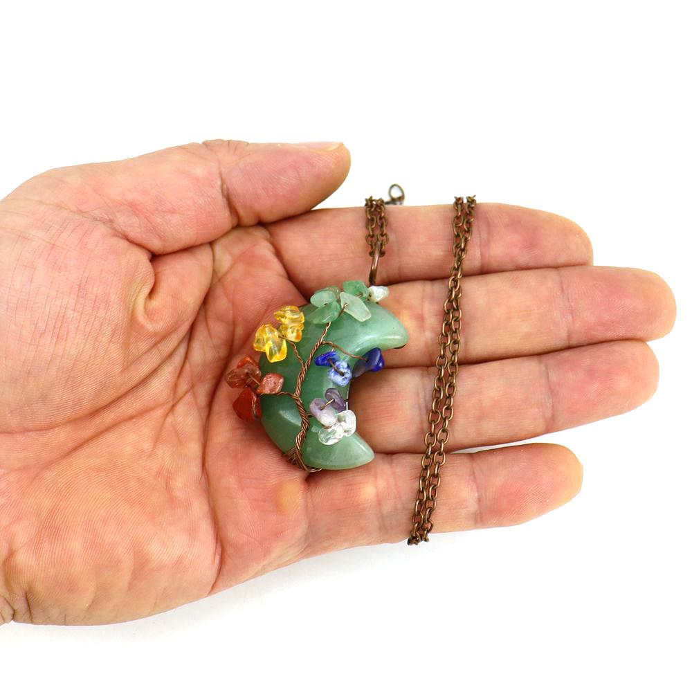 Vintage Handmade Winding Gravel Crystal Tree Of Life Natural Stone Moon Pendant N692