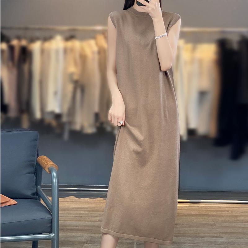 Pure Cotton Thread Long Over-knee Sleeveless Knitted Dress for Women's Summer Round Neck Mid-length Inner Layer Bottom Slit Long Skirt