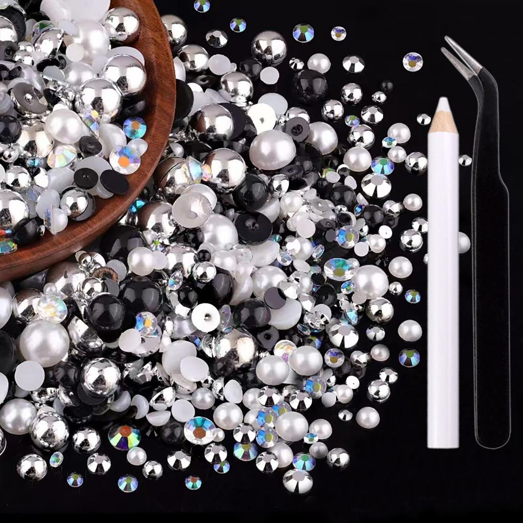 80G Flat Bottom Pearl Rhinestone Handmade Gold Black 3-10Mm Resin Rhinestone And Half Pearl Diy Clothing Accessories