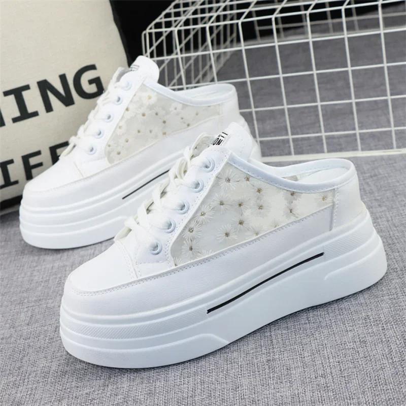 Fashion Baotou Semi-slippers Women's Summer New Outer Wear Embroidery Mesh Breathable Slip-on  Increase 8cm Sandals Sneakers