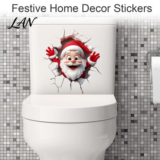 Holiday Window Clings Christmas Toilet Sticker, Funny Santa Claus Lid Tank Cute Ornaments Self-Adhesive 3D Hole Waterproof PVC Decal for Bathroom
