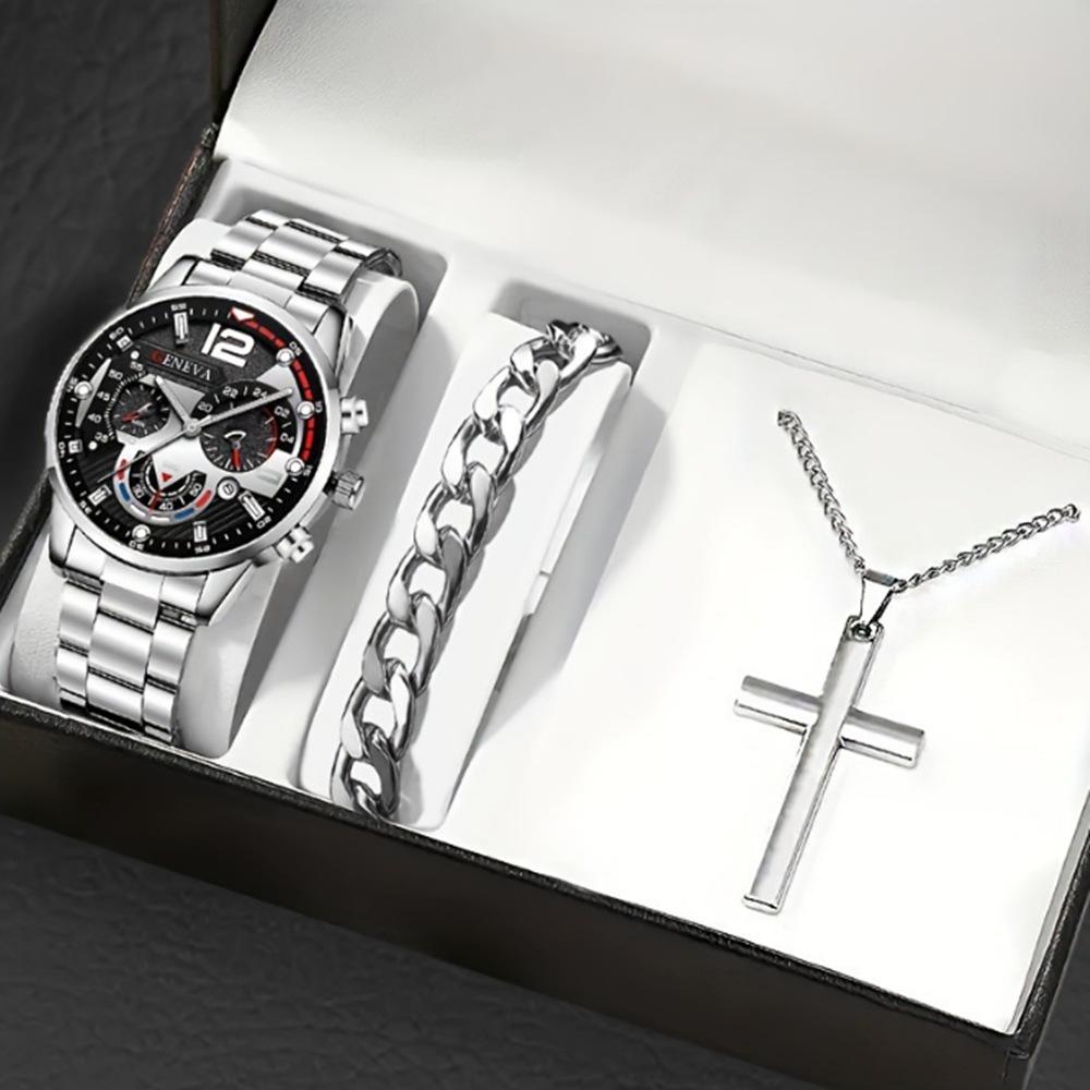 Men's Business Trend 3pcs/set Three-eye Single Calendar Steel Belt Watch + Bracelet + Cross Bracelet Set