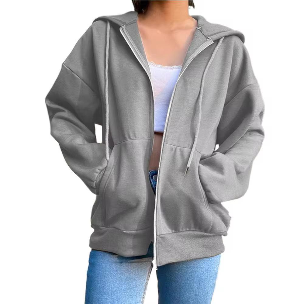 

2024 Solid Color Hooded Sweatshirt - Long Sleeve American Street Style Loose Zipper Cardigan Top Medium светло-серый