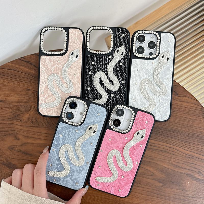Silver Snake Rhinestone Mobile Phone Case Is Suitable For Apple 17Promax Solid Color Leather Iphone16 Light Luxury Fashion 15Plus