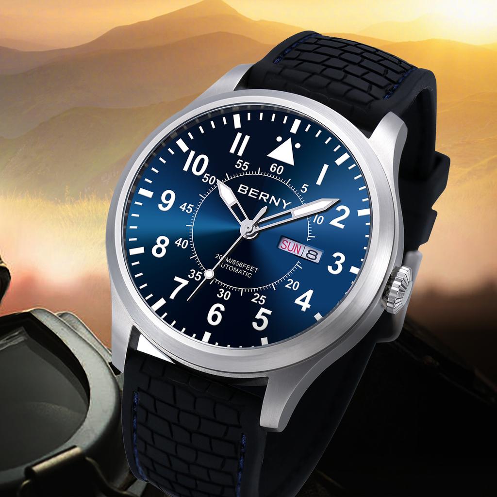 BERNY Automatic Aviation Men's Watch 100% Original Top Sapphire Luminous Big Size Diver Watch 200M Top Mechanical Watch for Men