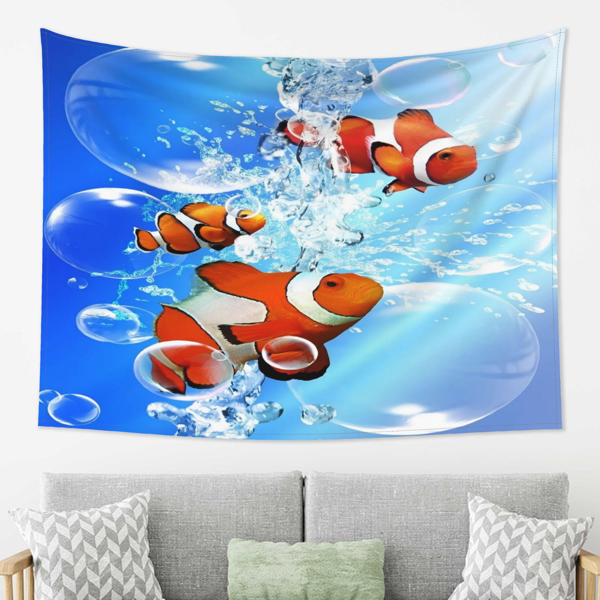 Fresh Ocean Wind Clown Fish Tapestry Blue Underwater Bubbles Water Splash Print Hanging Cloth Room Decoration 100X70CM