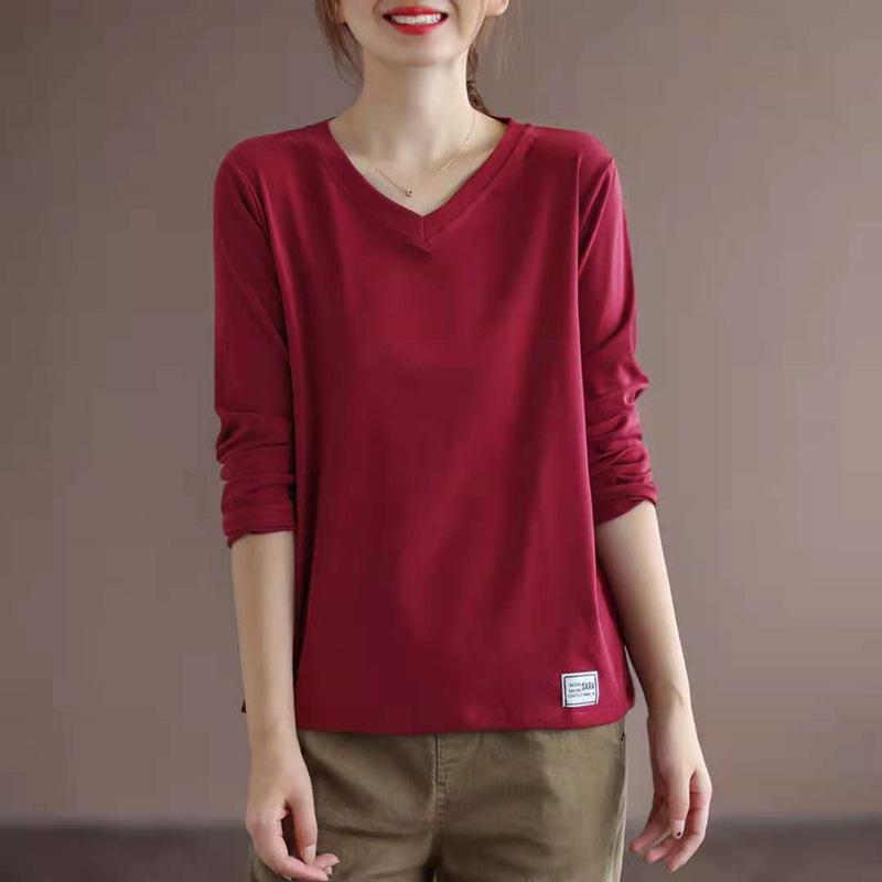 Women's Korean V-Neck Long Sleeve T-Shirt, Loose Fit, Slimming, Plus Size, Casual Versatile Top for Spring and Autumn