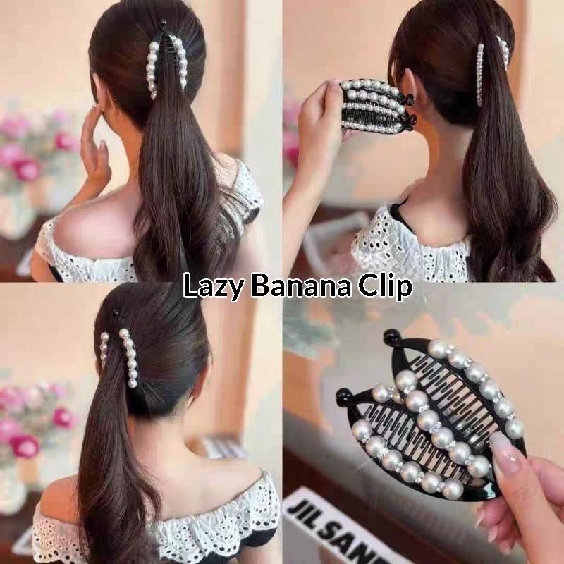 Fashion Pearl Rhinestone Banana Hair Clip Bling Decor Hair Barrettes for Girls Birthday Gift Daily Outing Hair Accessories