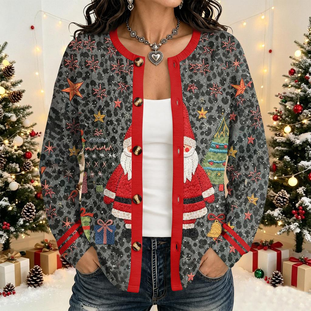 Women's Christmas Print Cardigan Long Sleeve Open Front Jacket for Holiday Party and Everyday Wear