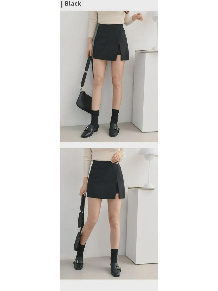 2022 Women's Black High Waist Slim A-Line Skirt Pants with Slit