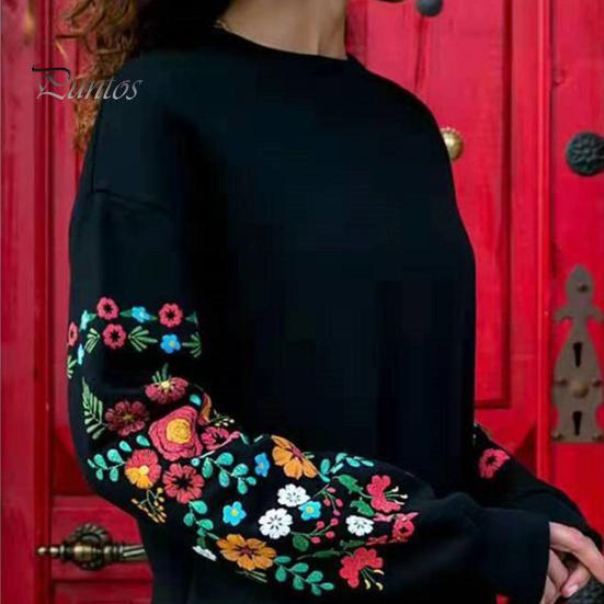 Frühlingskleid, Minikleid mit Blumenstickerei, langärmelig, Rundhalsausschnitt, lockeres Sweatshirtkleid für Verabredungen, Pendeln, Reisen