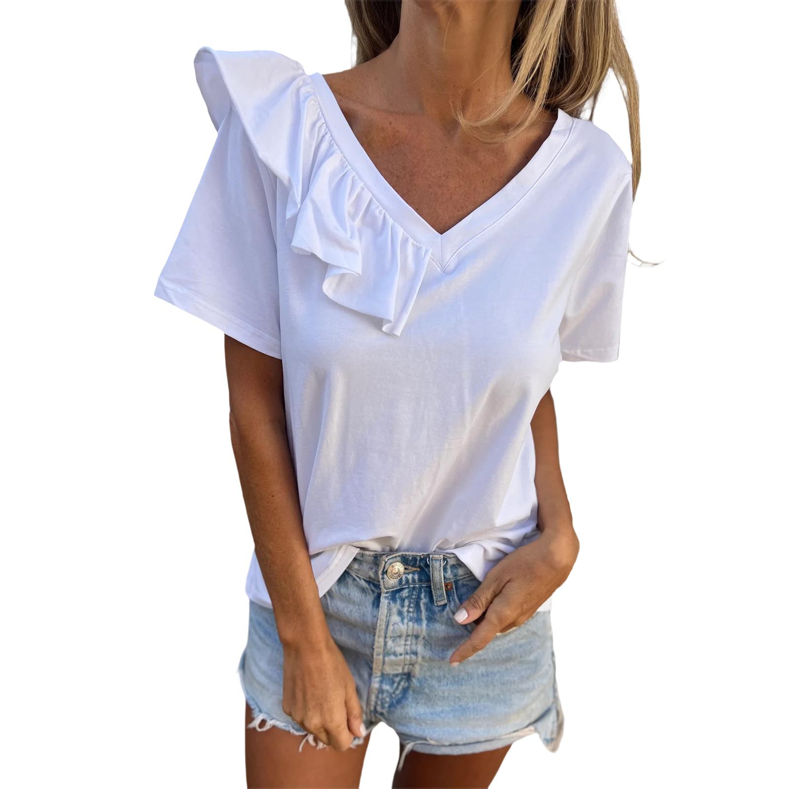 

Women s Fashion Solid Color V-Neck Short Sleeve T-Shirt With Half Ruffle Shirt XL білий