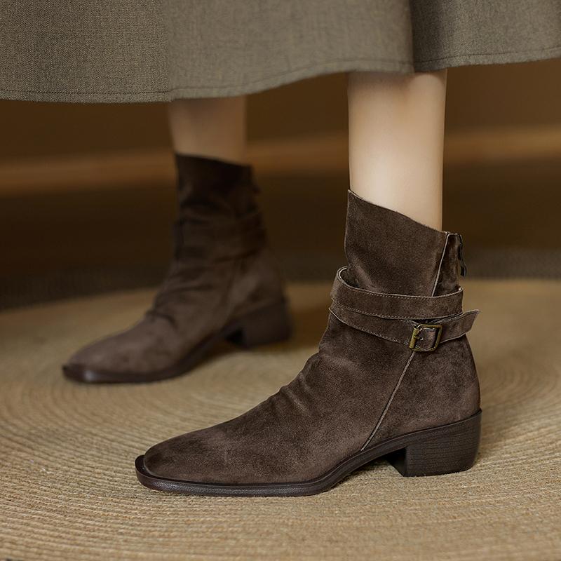 Fashion 2025 Autumn/Winter Women Boots Genuine Leather Women Shoes Square Toe Chunky Heel Shoes Ankle Boots Modern Chelsea Boots