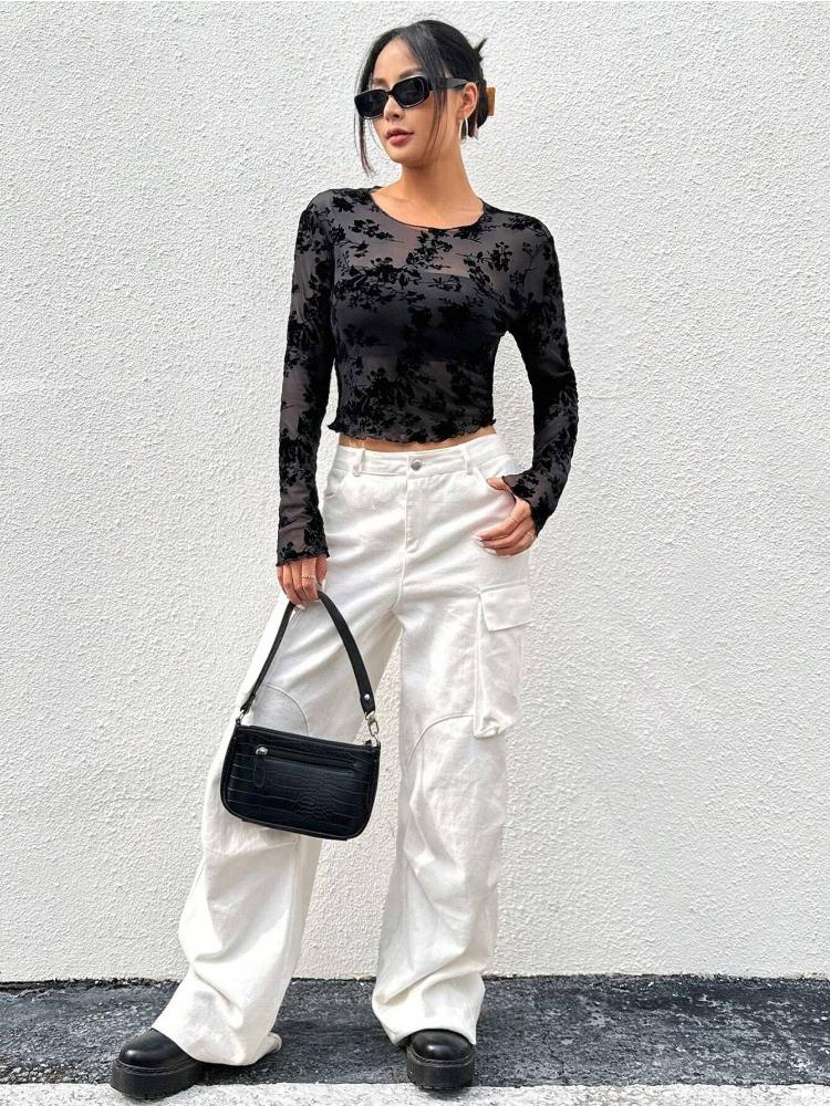 Independent Station Women's Black Sexy Mesh Round Neck Long-sleeved T-shirt Tops Women Versatile Closet Essential Fashion Items Shirt