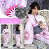 RAVIR Yukata Featuring a Gorgeous Geometric Floral Fluffy Obi and Geta One Size Fits All Women's 3-Piece Set, Pattern, Belt, Sandals, Pink,