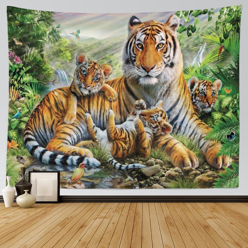 Jungle Wildlife Tiger Tapestry Cool Woodland Animal Print Tapestries Tropical Rainforest Theme Wall Hanging For Kids Boys Girls