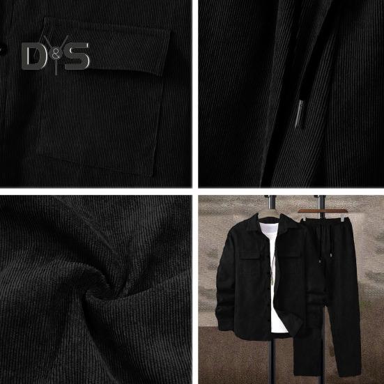 2Pcs/Set Men Sportwear Set Lapel Long Sleeve Flap Pockets Coat Elastic Drawstring Waist Long Trousers Set Loose Fit Activewear