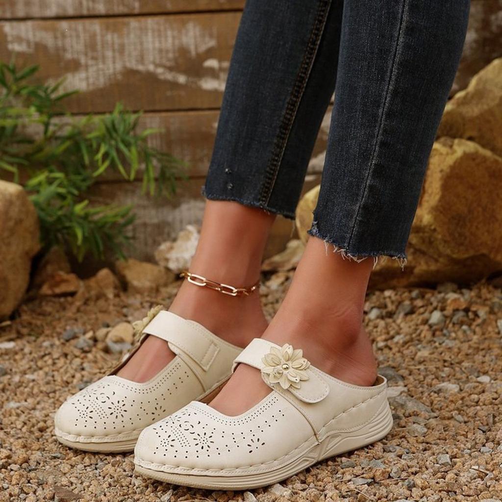 Women Casual Slip On Sandals Breathable Cutout Design Comfortable Flat Shoes with Adjustable Strap and Decorative Flower Accent
