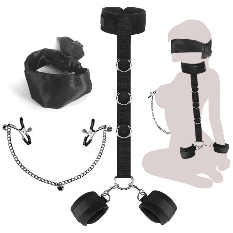 Back Handcuff Nipple Clip Eye Blinder Sex Toy Set Neck Cuffs Bra Clamp Hands Restraint Satin Blindfolder 18+ Adult Game Kit
