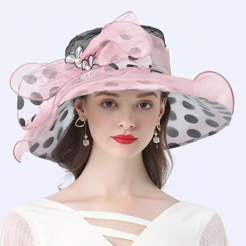 WTEMPO American Retro Wave Point Large Brimmed Sun Hats Women's Casual Sunshade Hats Fashion Pearl Mesh Hats