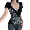 American Street Dark Wind Flower Print Waist Color Matching Navel Short-sleeved T-shirt Spice Girl V-neck Chest Versatile Top
