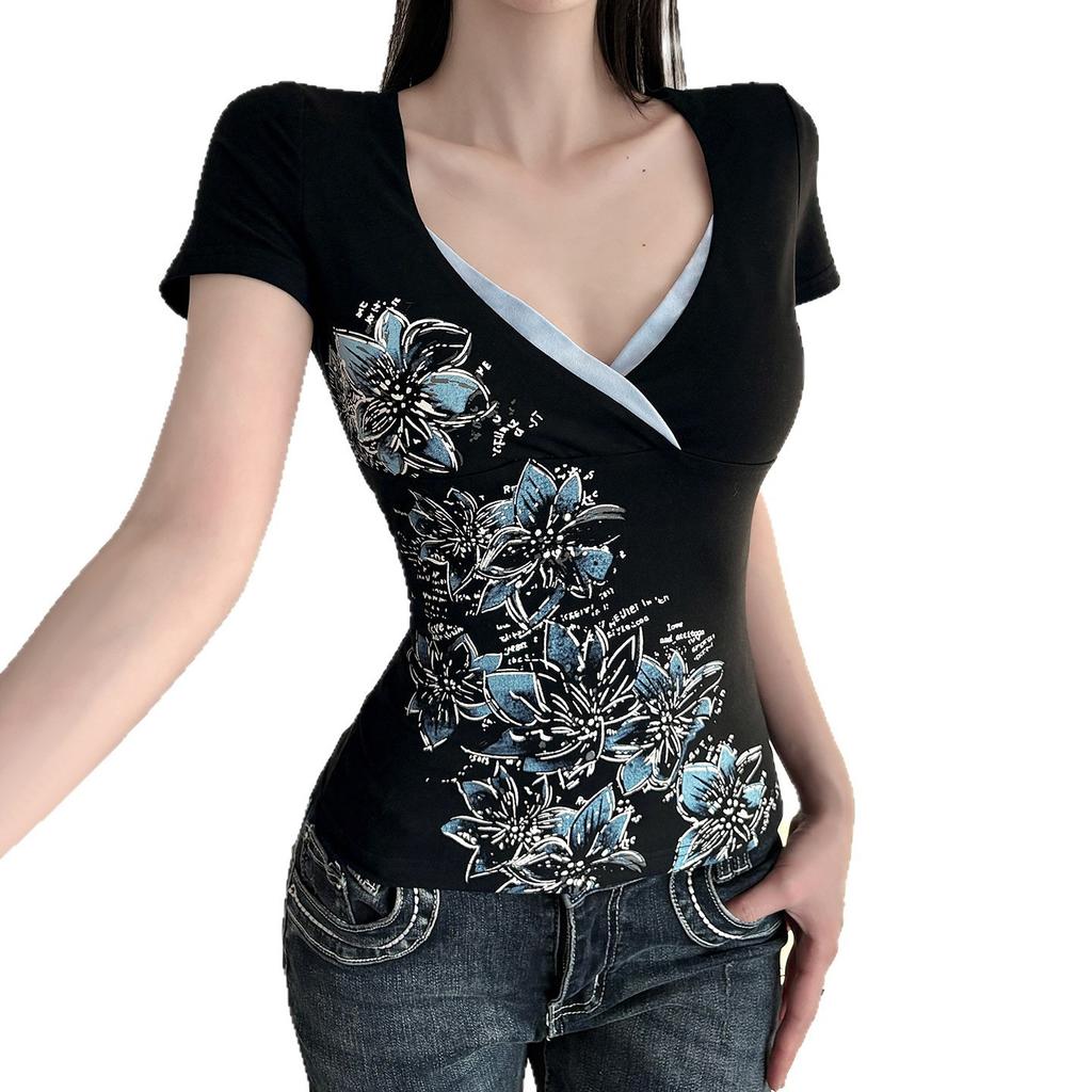 American Street Dark Wind Flower Print Waist Color Matching Navel Short-sleeved T-shirt Spice Girl V-neck Chest Versatile Top