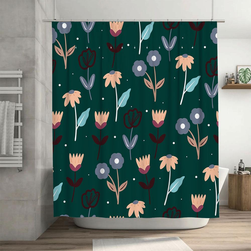 Green Floral Shower Curtain with Bath Rug Set for Bathroom Decorations Waterproof Fabric for Kids and Adults (Size: 180x240cm)