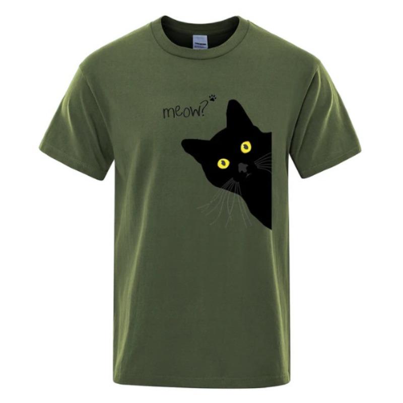 Meow Black Cat Funny Cotton Printed Unisexs and Womens Personalized Tshirt New Fashionable Loose Casual Round Neck Tshirt