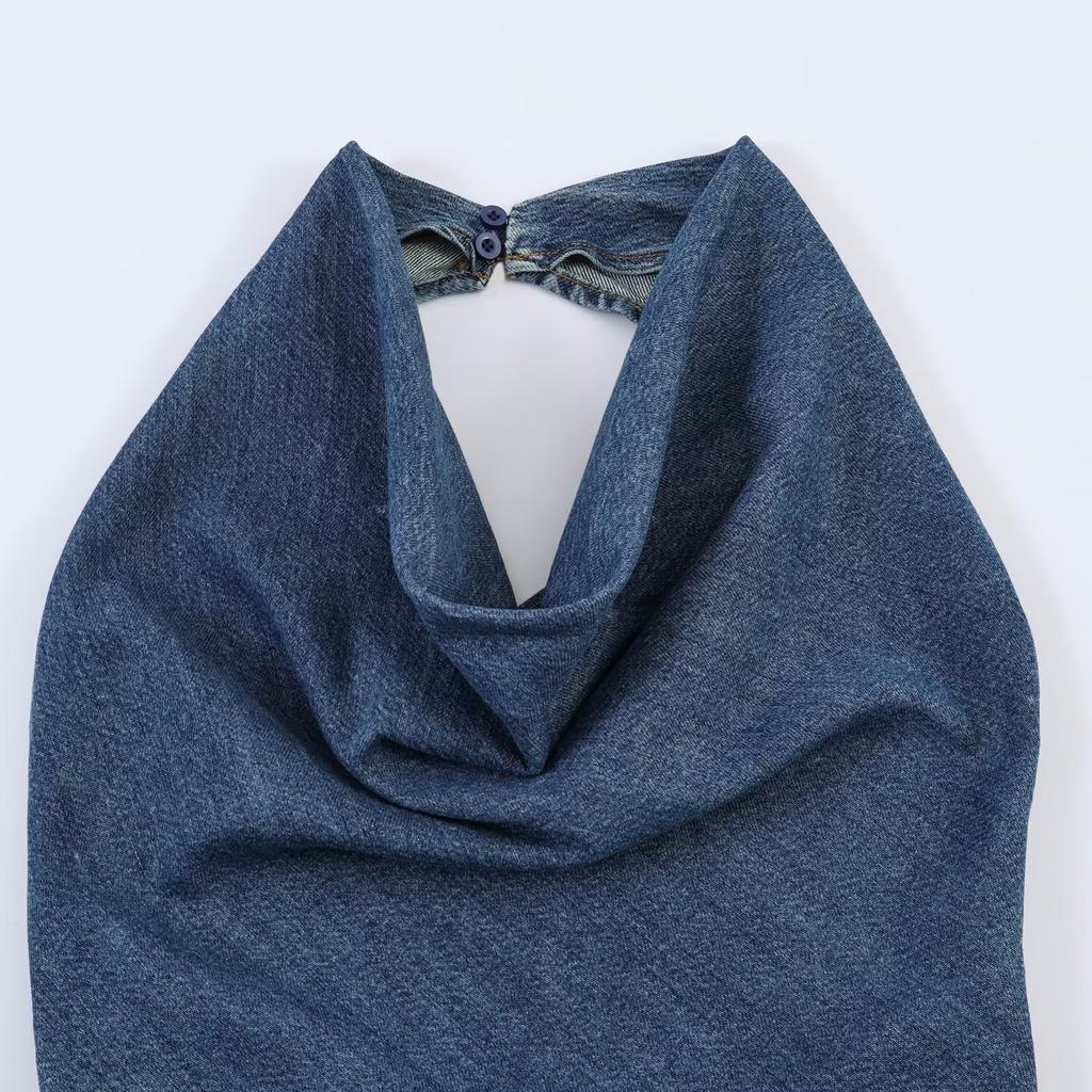 European and American Style, New Women's Clothing, Foreign Style, Fashionable Neck-hanging Denim Jumpsuit 7147030