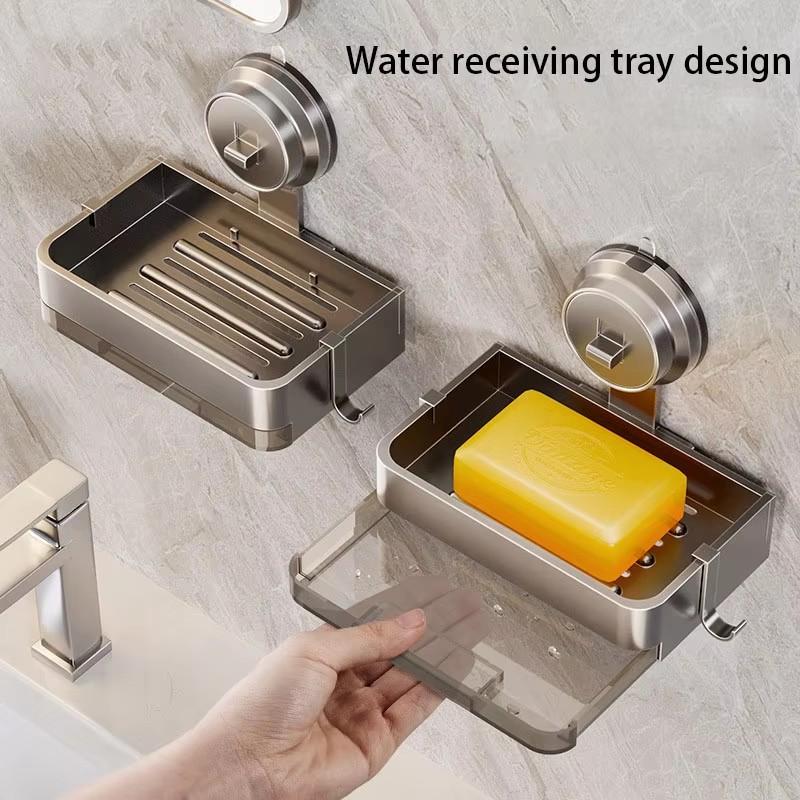 Wall-mounted Suction Cup Soap Box Space Aluminum Bathroom Shelf Washroom Soap Box Drain Rack Toilet Washing Table Storage
