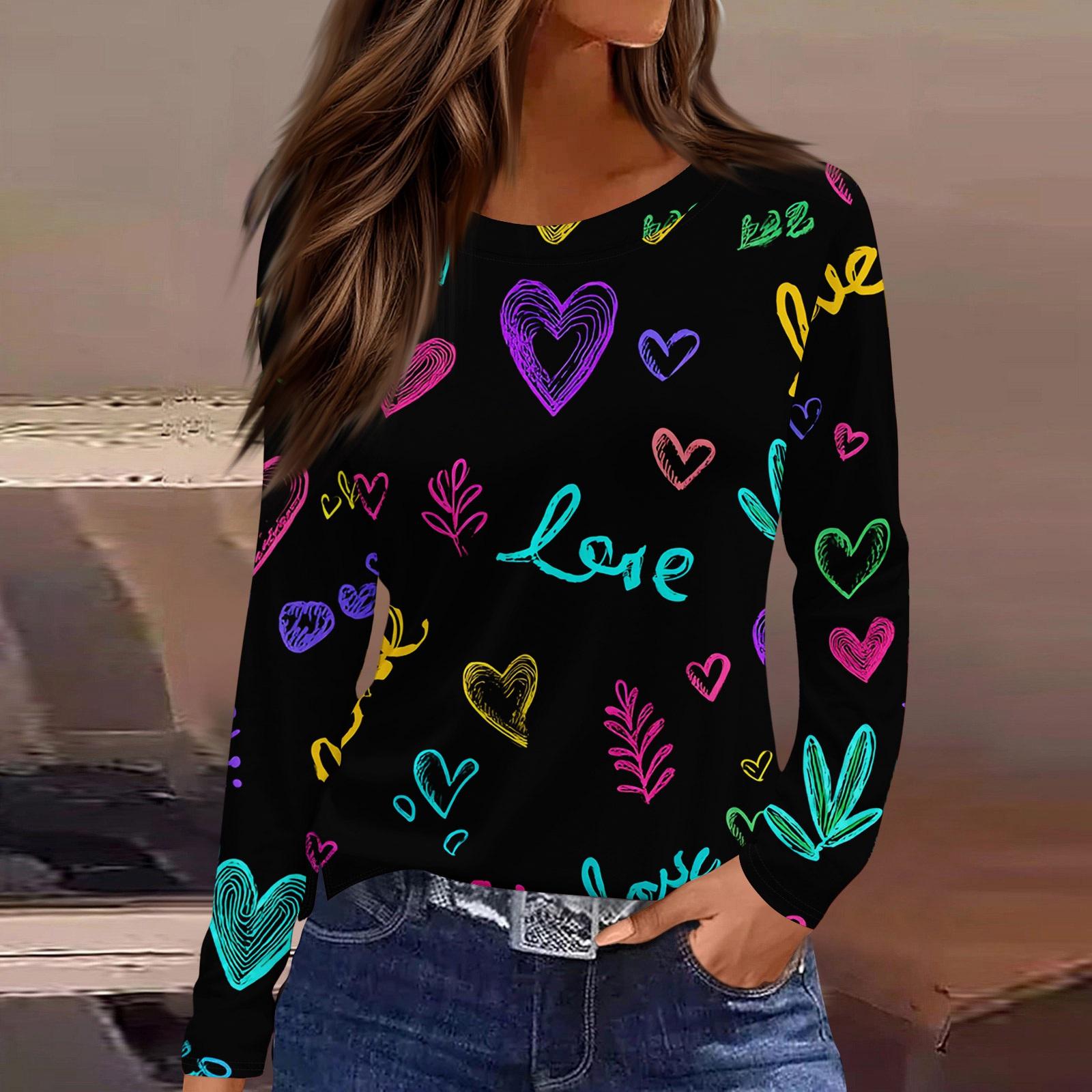 

Женский модный топ с длинными рукавами и круглым вырезом, с разрезом по низу и принтом в виде сердец ко Дню святого Валентина XL тёмно-синий