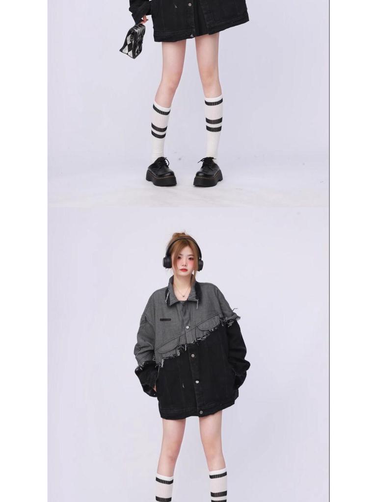 Unisex Schwarze Denim Patchwork Jacke - Lässiger Retro-Stil für Frühling/Herbst 2026