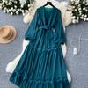 French O Neck Cut Out Lace PATCHWORK Lantern Sleeve Korean Fashion Dress Women's Summer Waist Sweet Dresses