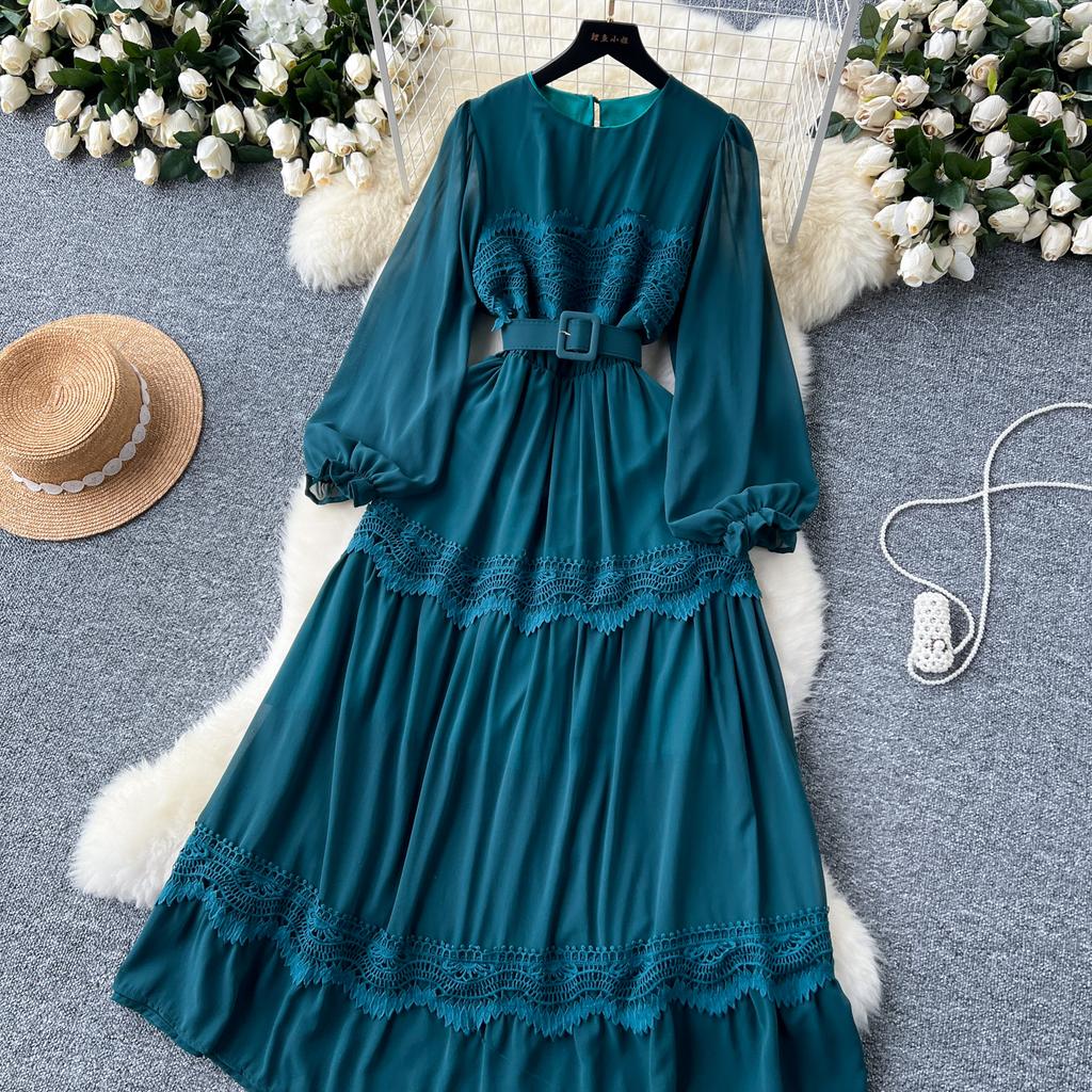 French O Neck Cut Out Lace PATCHWORK Lantern Sleeve Korean Fashion Dress Women's Summer Waist Sweet Dresses