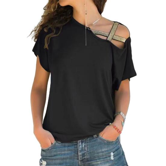 Women T-shirt Skew Collar Asymmetrical Tee Shirt Pure Off-Shoulder Design Color Loose Fit Summer Casual Pullover