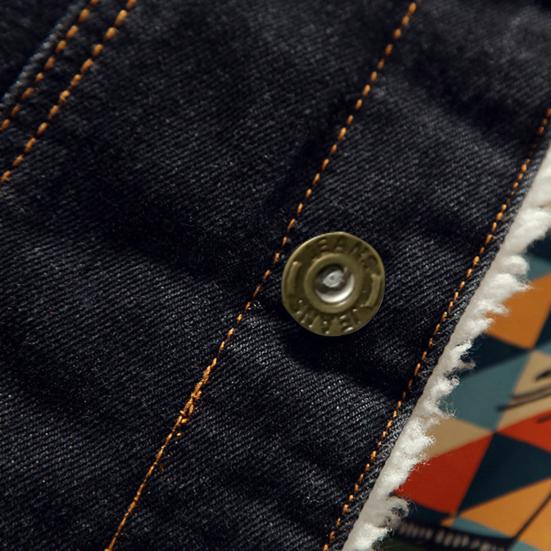 Men Jean Jacket Plush Lining Single Breasted Turndown Collar Solid Color Long Sleeve Coldproof Winter Thicken Lapel Denim Coat for Trip