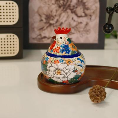 Ręcznie Malowany Zestaw Ceramicznych Pojemników na Przyprawy z Kogutem i Łyżeczką: Przechowywanie soli, pieprzu, oleju, esencji kurczaka i cukru. Odporny na wysokie temperatury.