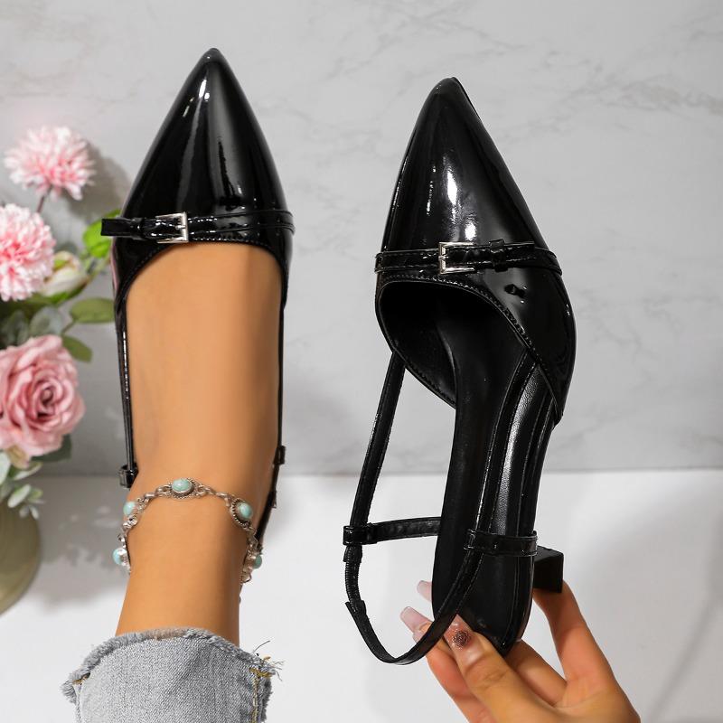 Fashion 2025 New Fashionable Summer Pointed Patent Leather Mid-heel Overhead Sandals for Women Retro Skinny Heel Back Empty Shoes