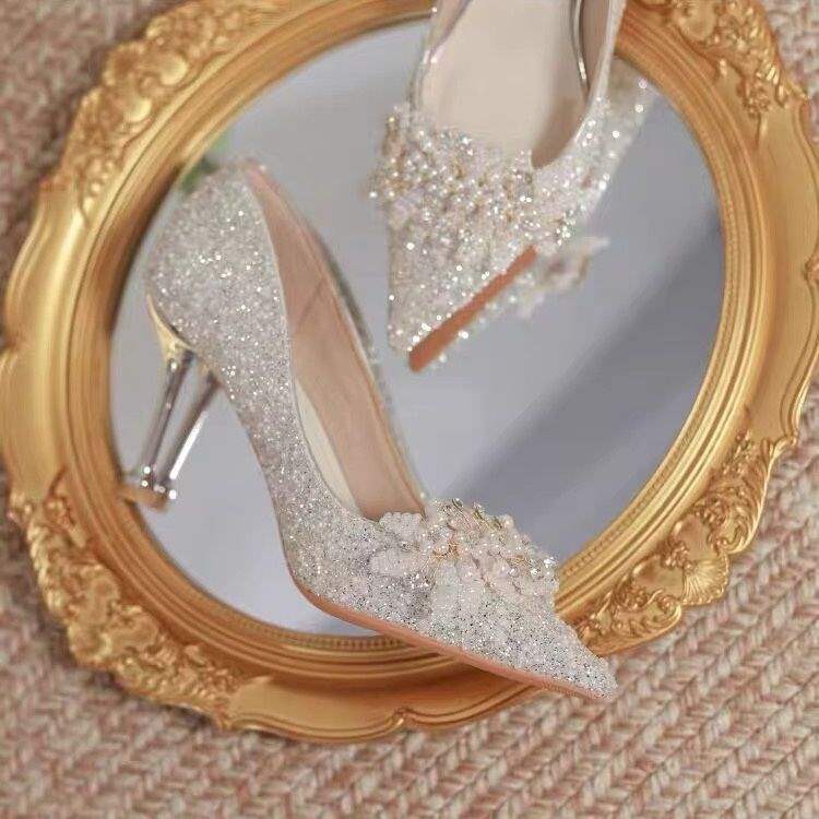 Silver wedding shoes bride shoes 2025 new high heels women's thin heels Xiuhe two wear main wedding dress crystal shoes sequined diamonds