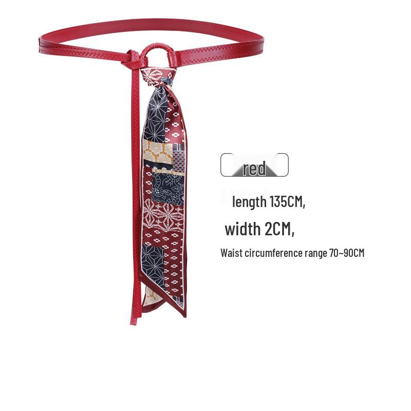 Red Silk Scarf Belt & Retro Lace-Up Waist Accessory: Thin Leather Belt for Women's Jeans & Skirts