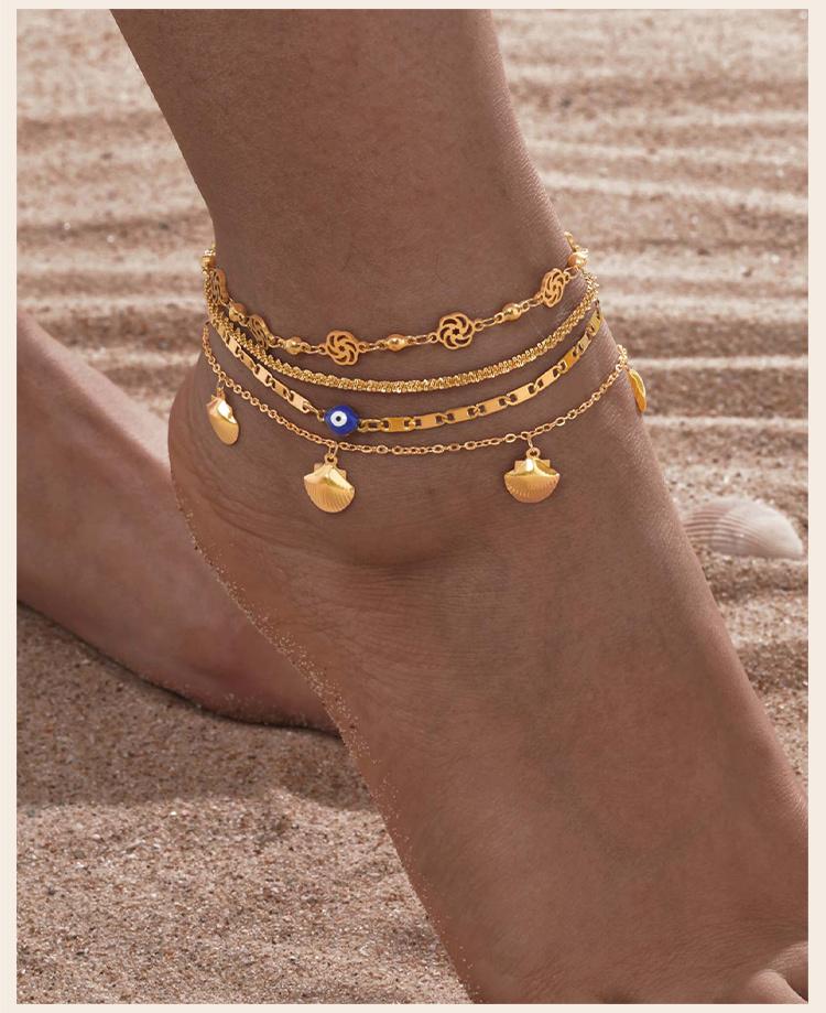 Stainless Steel Anklets Bracelet for Women, Flower Heart Seashell Charms Layered Anklets, Waterproof Gold Plated Anklet