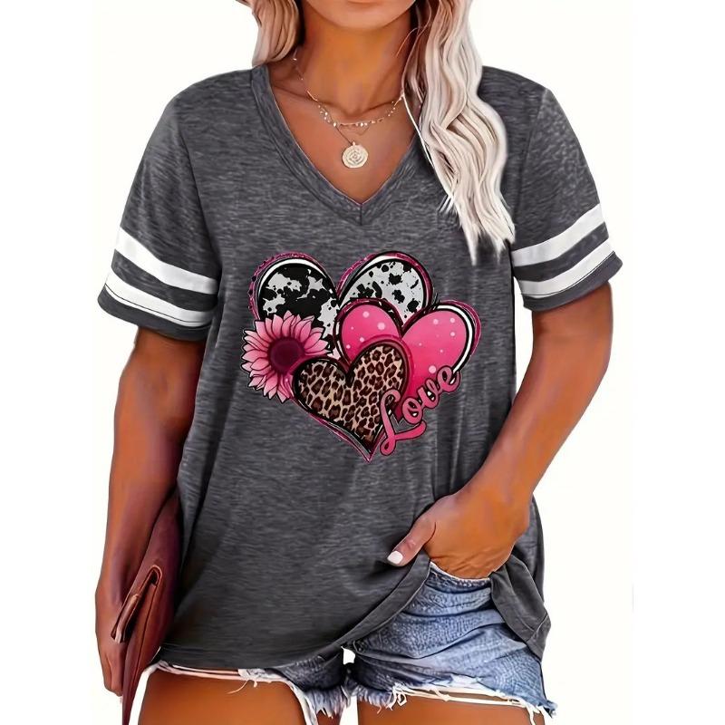 Summer V-neck 3D Love Sunflower Printed Top Fashionable Casual Short Sleeved Women's T-shirts