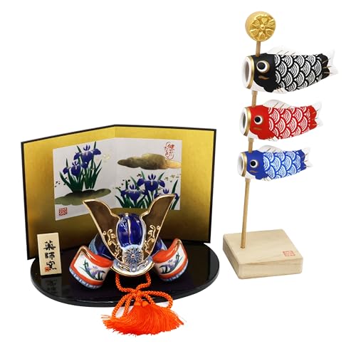 Osaka Choseido May Doll Helmet Ornament, Compact Mini Carp Streamer Set for Indoor Use, Ceramic, Success Helmet and Carp Streamer