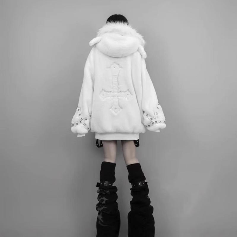 Vintage Bont Patchwork Losse Casual Hooded Jassen Streetwear Effen Winter Y2k Esthetische Jassen Dames Harajuku Tops